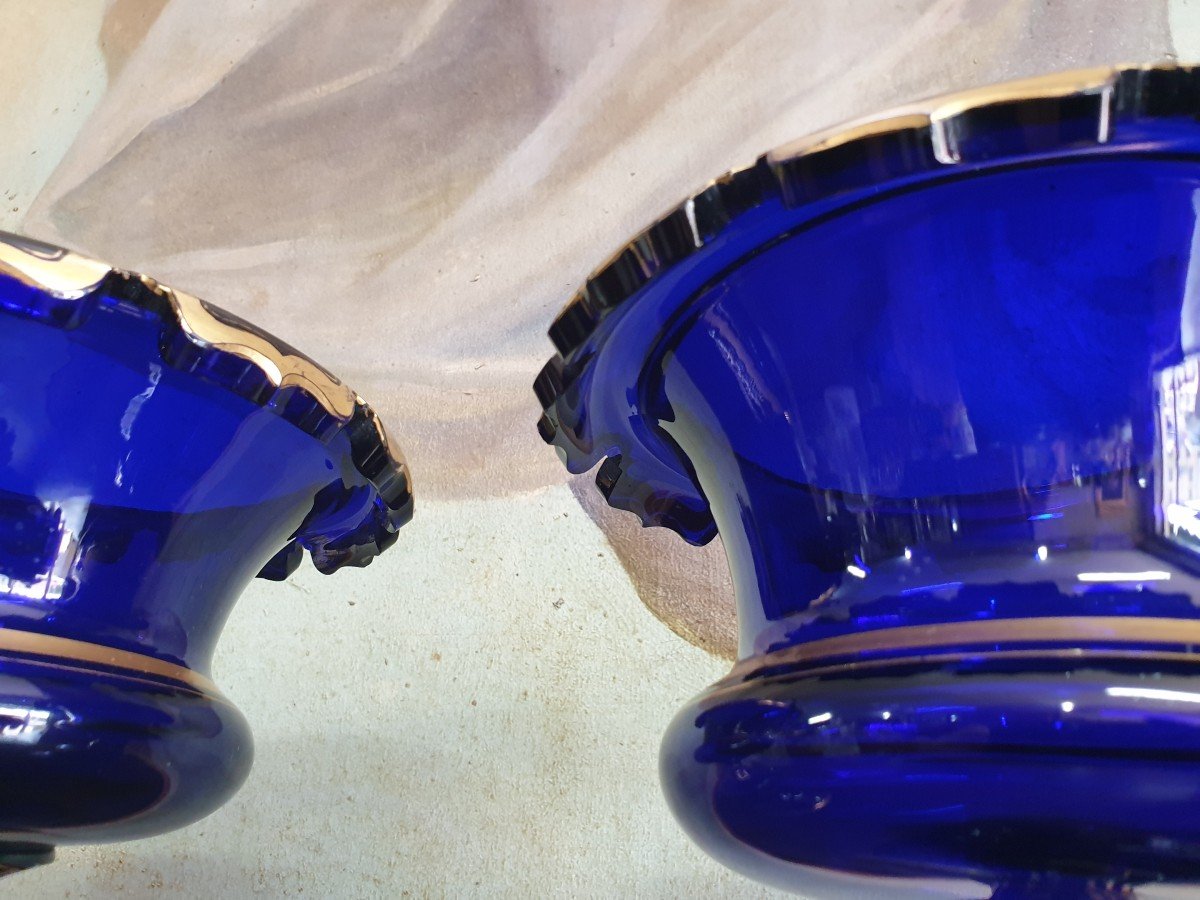 Pair Of Vases On Crystal Pedestal With Hemmed Collars In Cobalt Blue-photo-3