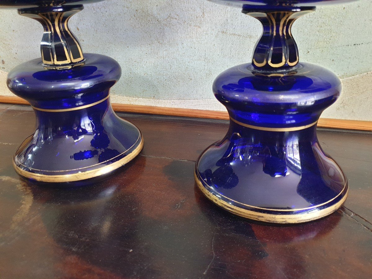 Pair Of Vases On Crystal Pedestal With Hemmed Collars In Cobalt Blue-photo-6