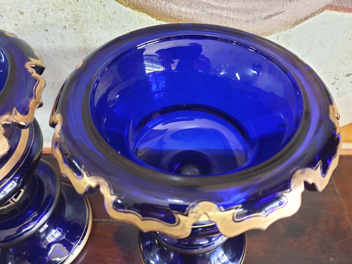 Pair Of Vases On Crystal Pedestal With Hemmed Collars In Cobalt Blue-photo-7