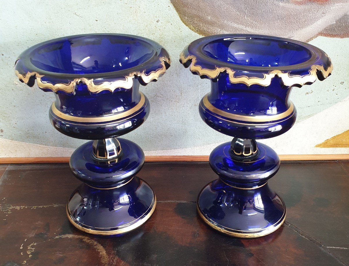 Pair Of Vases On Crystal Pedestal With Hemmed Collars In Cobalt Blue