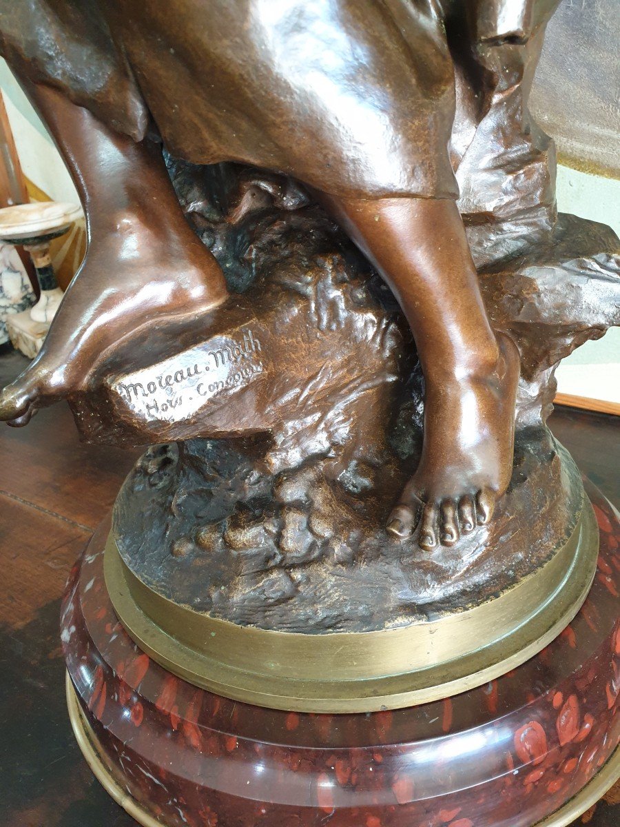 Subject In Bronze Signed Math Moreau, Out Of Competition, Rotating Base In Griotte Marble-photo-1