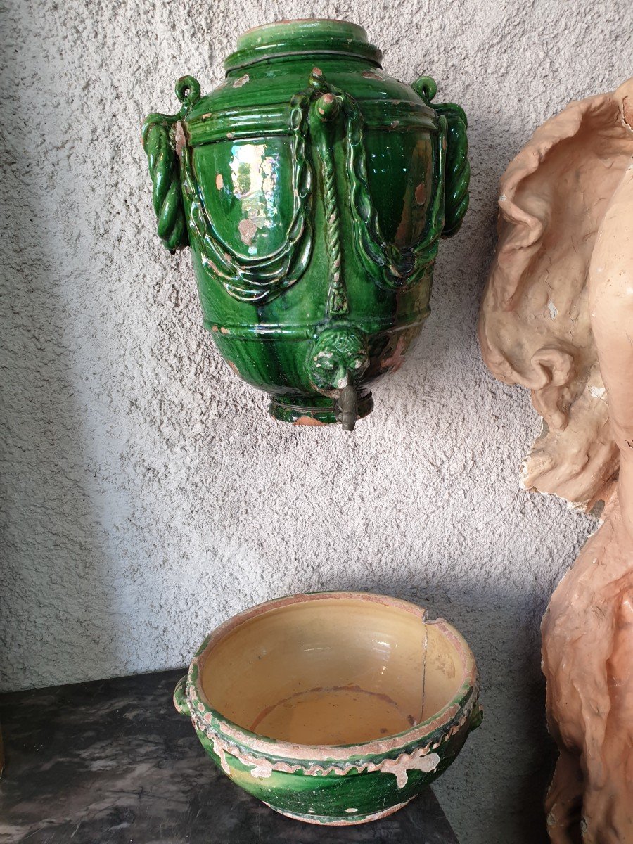 Corps De Fontaine En Terre Cuite Vernissée Verte Fin XVIIIème Début XIXème-photo-4