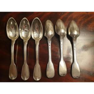 6 PETITES CUILLERES A CAFE MOKA RENAISSANCE ARGENT MASSIF VERMEIL SILVER  SPOON