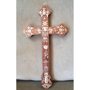 Wooden Crucifix Inlaid With Mother-of-pearl, Burgundy Cross. Indochinese Work