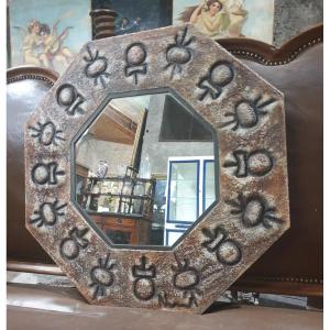 Octagonal Lava Stone Mirror With Tribal Patterns Attributed To François Chaty
