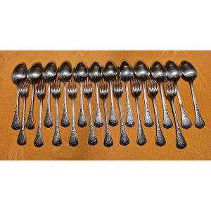 Set Of 10 Forks And 12 Spoons In Sterling Silver, Goldsmith Odiot