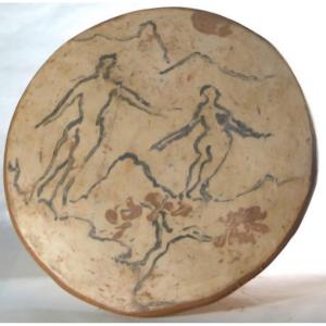 Decorated Terracotta Disc Signed Jean Paulet