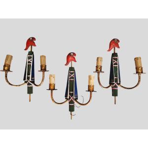 Ensemble de trois appliques Révolutionnaire en tôle peinte années 50/60