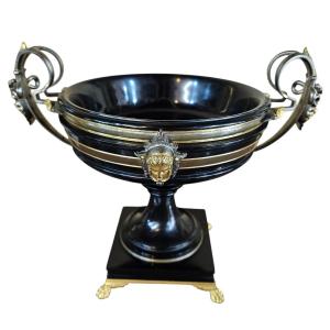 Belgian Black Marble Bowl, Gilded And Silvered Bronze Ornamentation, Barbedienne Label