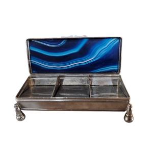 Stamp Box In Silver-plated Metal And Blue Agate