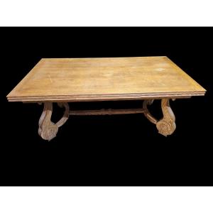 Table de salle à manger des années 40 avec deux rallonges sous le plateau en chêne cérusé