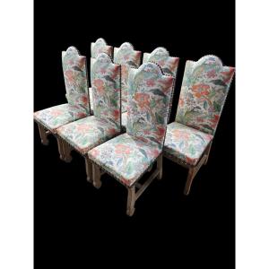 Série de 7 chaises de salle à manger des années 40 en chêne céru