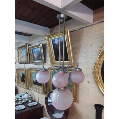 5-light Silver Metal Art Deco Chandelier Pink Pressed Molded Glass Globes Signed Muller