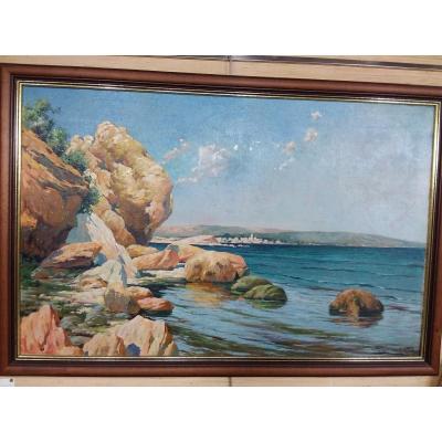 Painting Representing A Seaside Scene, Signed By Raoul Guiraud And Dated 1922