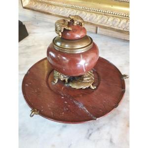 Inkwell In Marble And Bronze Signed F Barbedienne, Model By Edouard LiÈvre