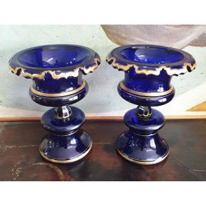 Pair Of Vases On Crystal Pedestal With Hemmed Collars In Cobalt Blue