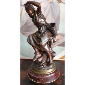 Subject In Bronze Signed Math Moreau, Out Of Competition, Rotating Base In Griotte Marble