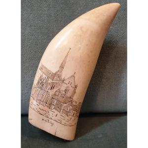 Scrimshaw, Sculpted Marine Animal Tooth Late 19th Early 20th Century