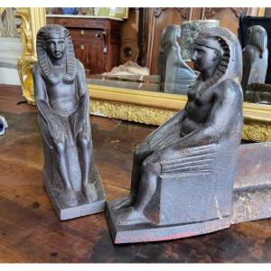 Pair Of Andirons In Cast Iron, Decor, Style Return From Egypt
