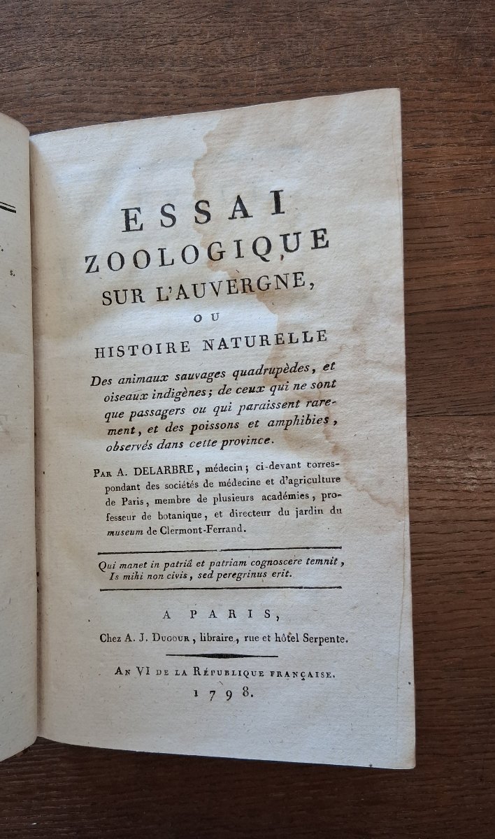 Essai zoologique sur l'Auvergne ou histoire naturelle  par Delarbre  / 1798