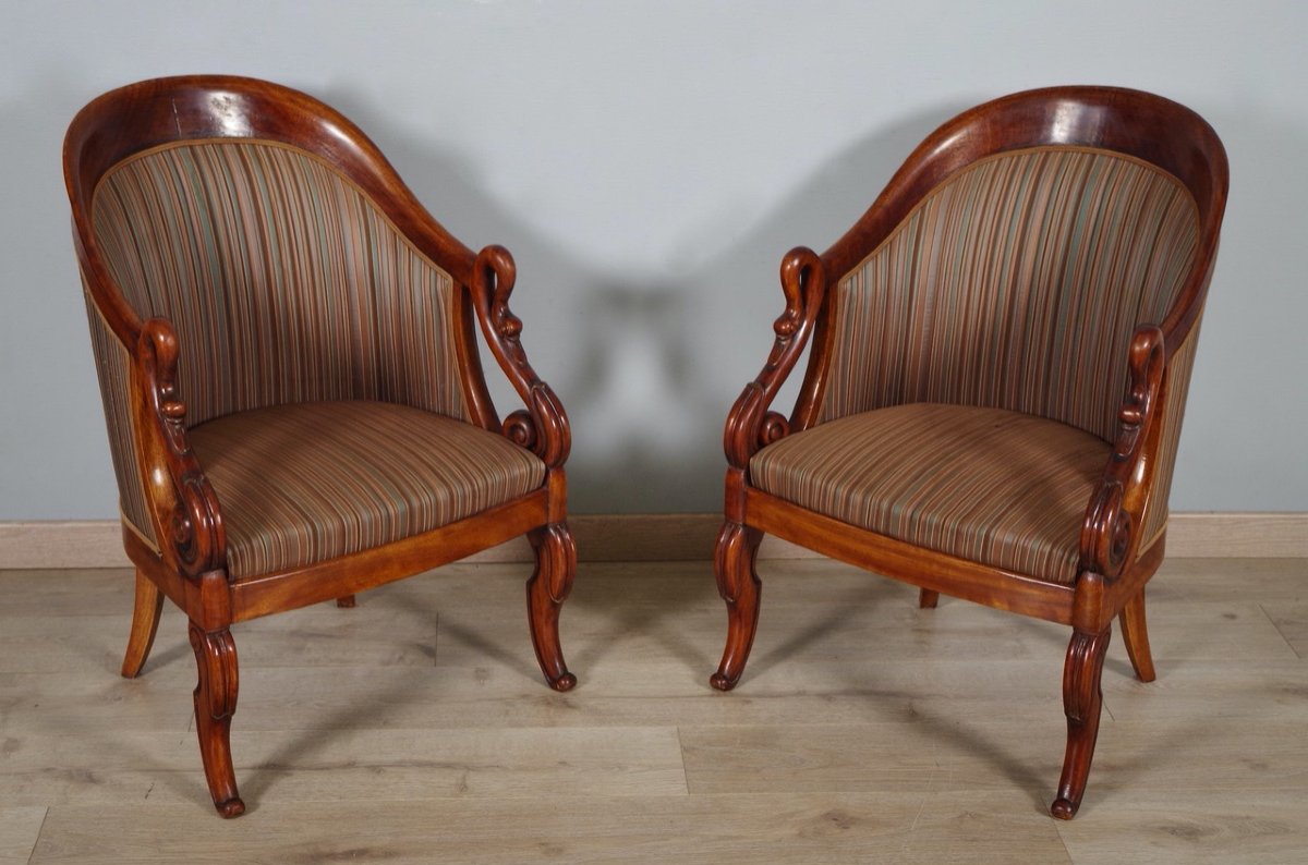 Pair Of Wing Chairs In The Restoration Style With Swan Necks