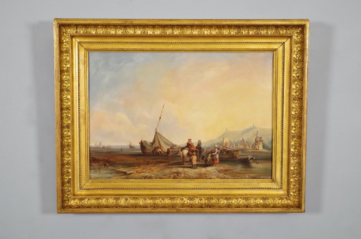 J.le Dieu - Boats And Fishermen On The Shore