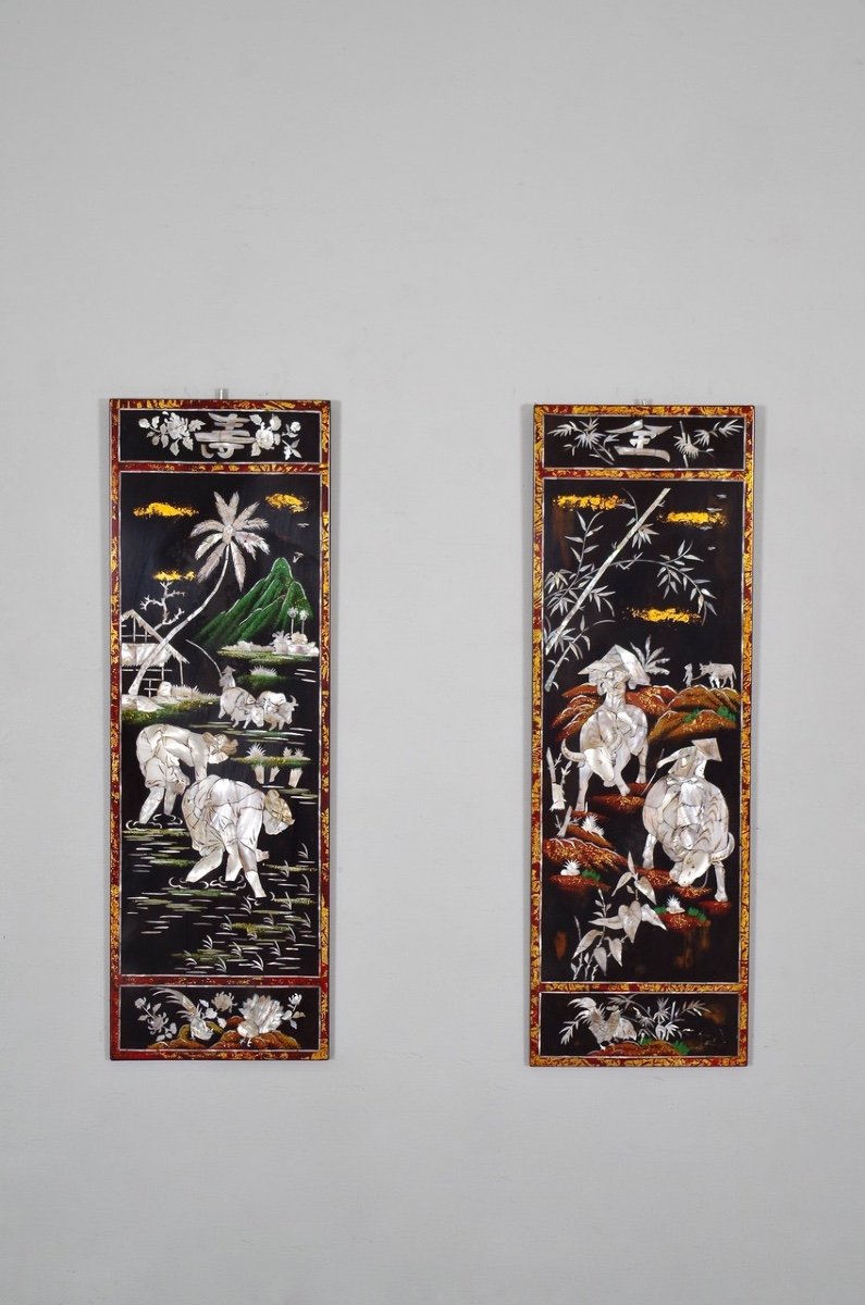 Pair Of Far East Lacquer And Mother-of-pearl Panels