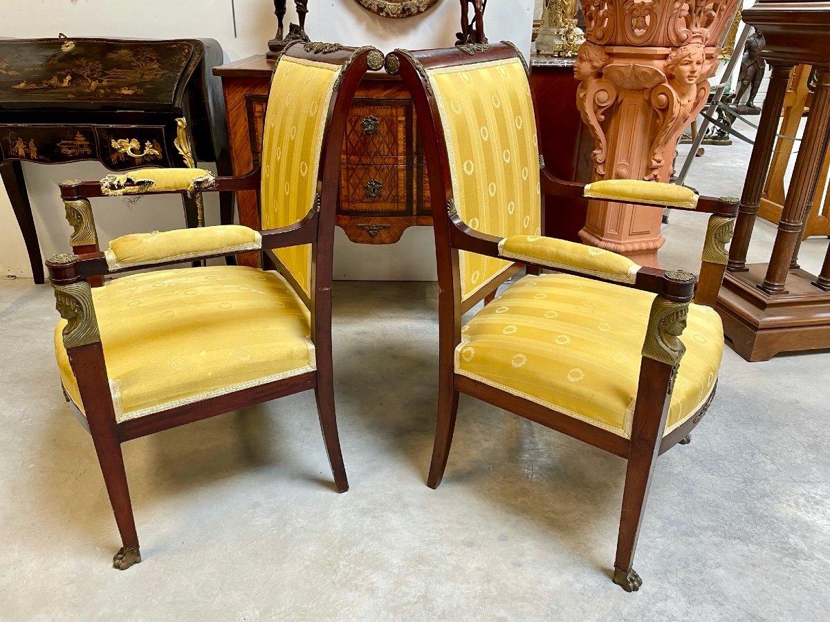 Pair Of Return From Egypt Style Armchairs In Gilded Bronzes-photo-5
