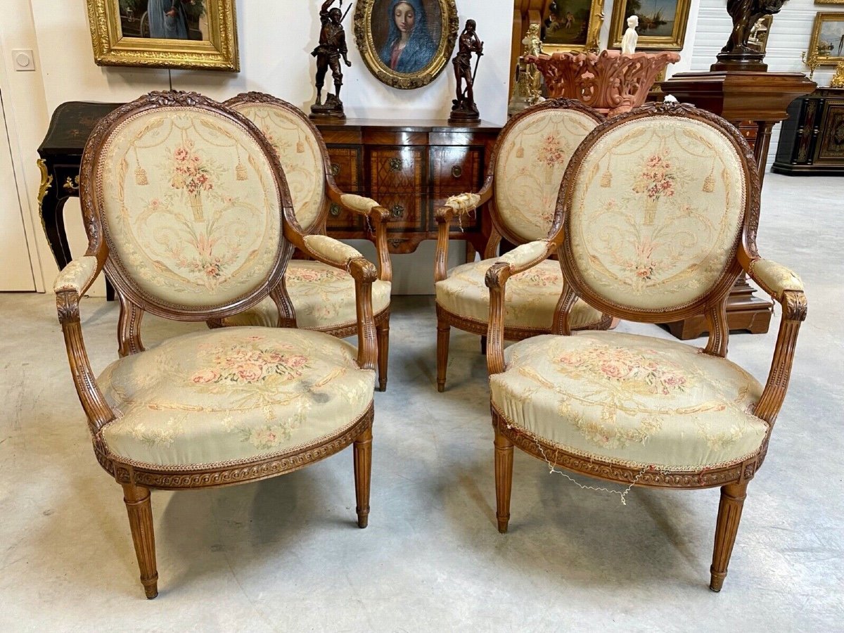 Four Louis XVI Style Armchairs Aubusson Style Tapestry-photo-2