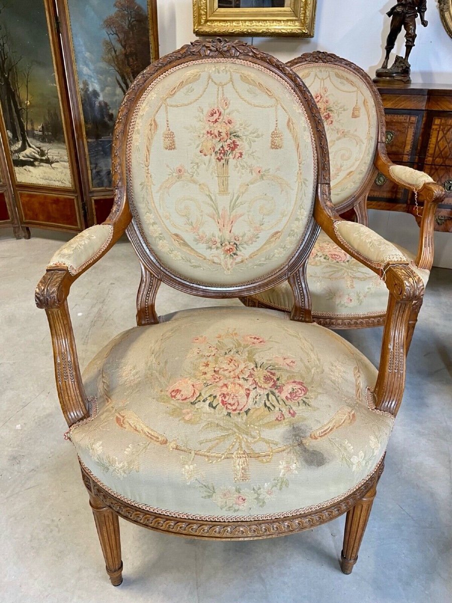 Four Louis XVI Style Armchairs Aubusson Style Tapestry-photo-3