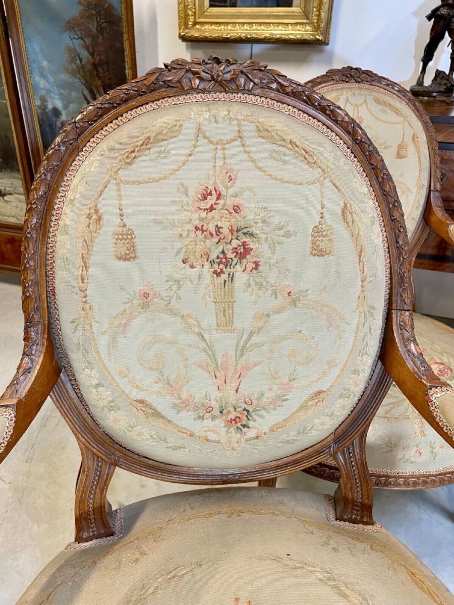 Four Louis XVI Style Armchairs Aubusson Style Tapestry-photo-4