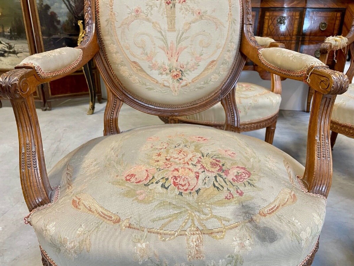 Four Louis XVI Style Armchairs Aubusson Style Tapestry-photo-1