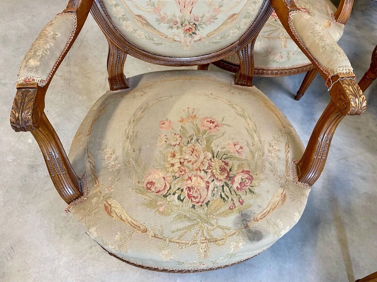 Four Louis XVI Style Armchairs Aubusson Style Tapestry-photo-3