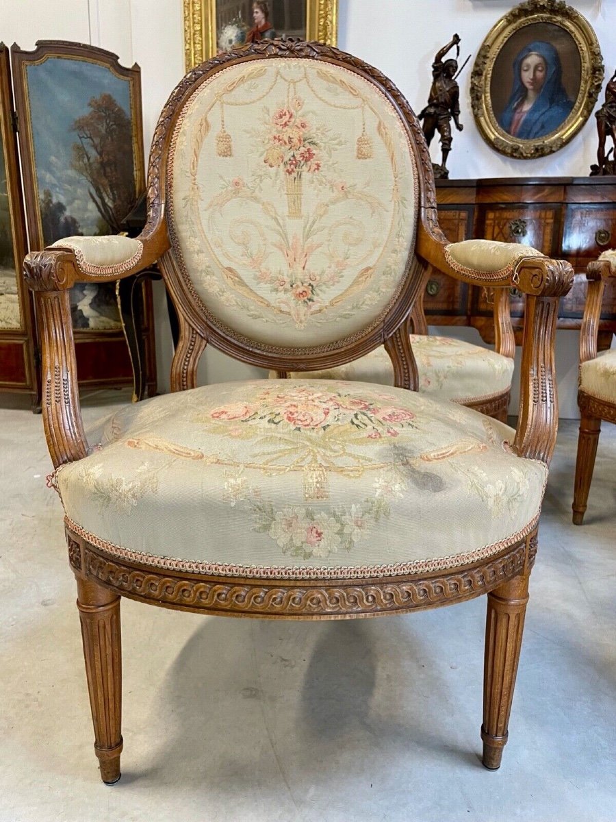 Four Louis XVI Style Armchairs Aubusson Style Tapestry-photo-4