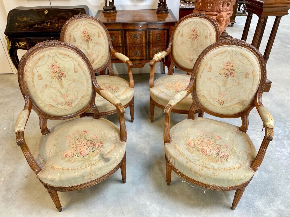 Four Louis XVI Style Armchairs Aubusson Style Tapestry