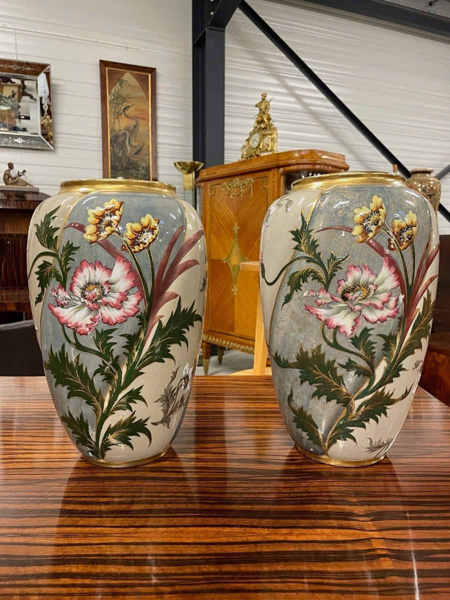 Keller et Guérin, faïence de Lunéville : paire de vases