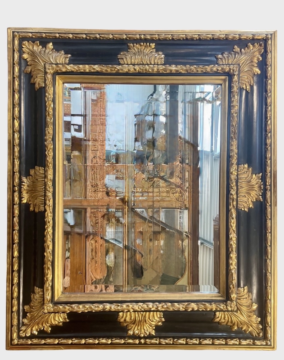 Grand miroir Louis XIV en bois noirci et doré, vers 1880-photo-8