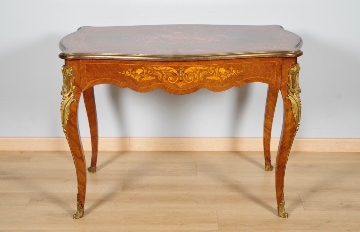Table à écrire Napoléon III en marqueterie et bronze doré, vers 1880-photo-2
