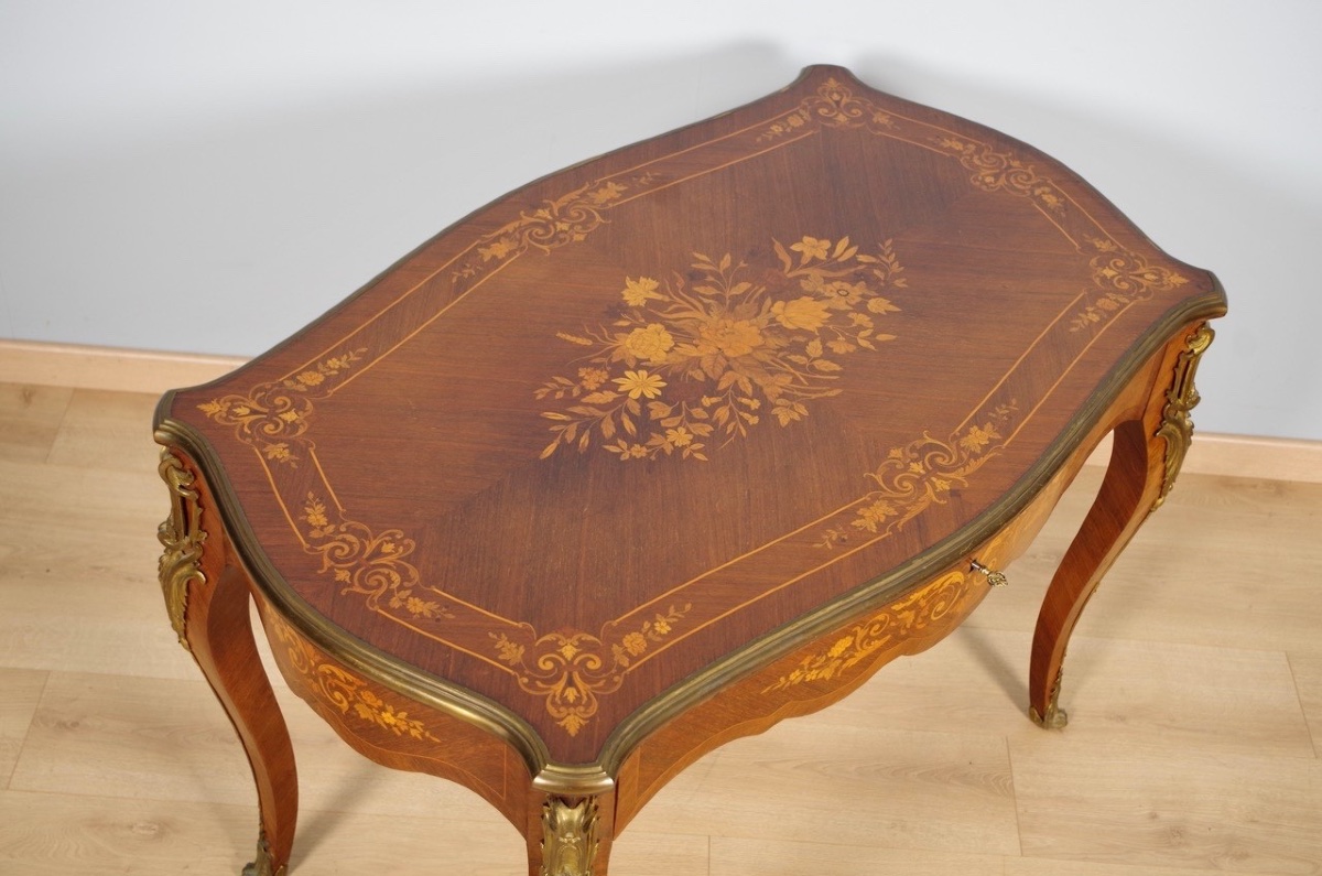 Table à écrire Napoléon III en marqueterie et bronze doré, vers 1880-photo-3