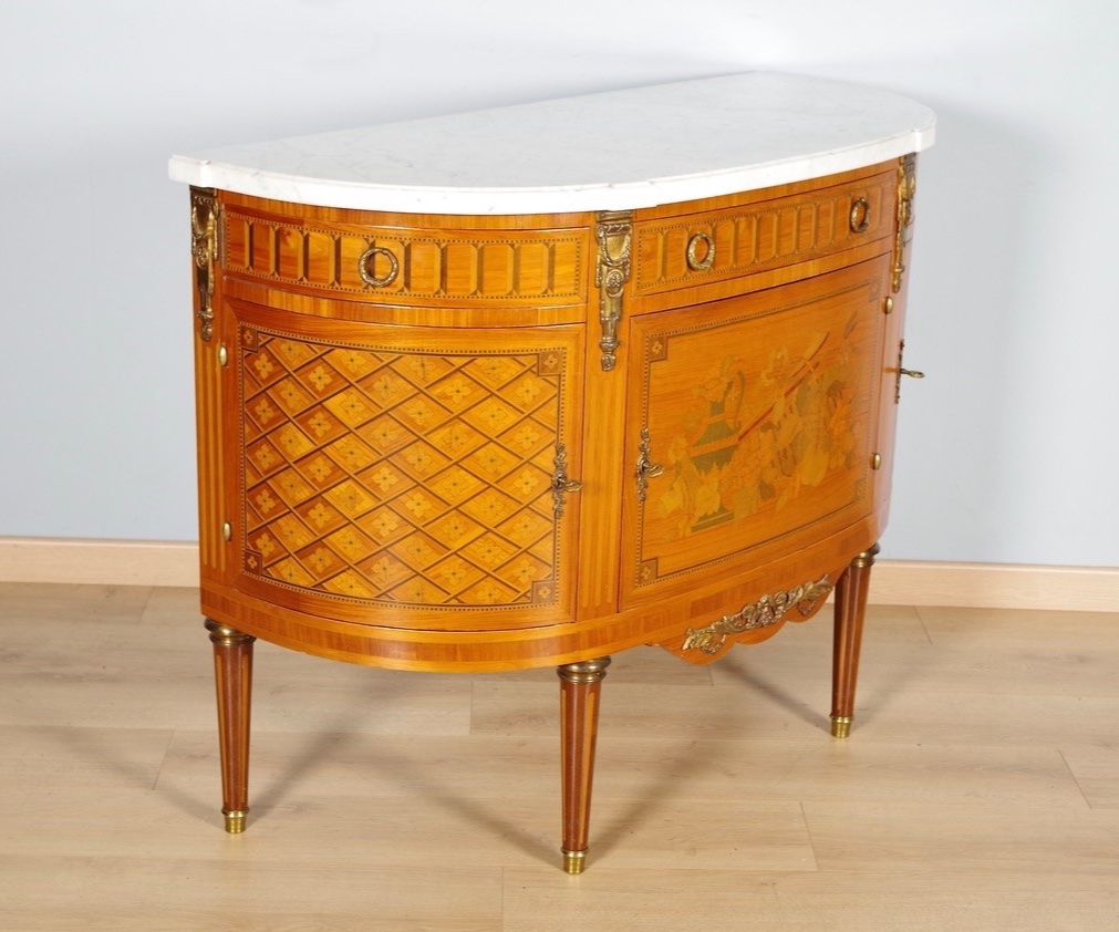 Commode Louis XVI demi-lune à portes, marqueterie et bronzes dorés, vers 1900-photo-3
