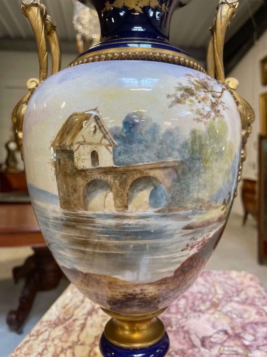 Grand vase style Sèvres en porcelaine et bronze doré, vers 1880-photo-5