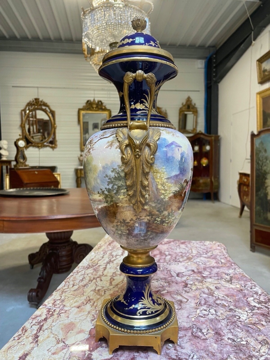 Grand vase style Sèvres en porcelaine et bronze doré, vers 1880-photo-6