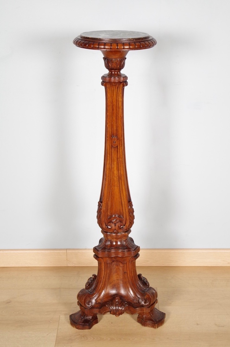 Grande sellette de style Renaissance en hêtre, marbre Sainte-Anne, vers 1880
