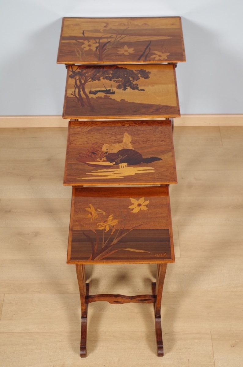 Set Of Four Art Nouveau Nesting Tables With Inlay Work, Signed Gallé, Circa 1900-photo-3