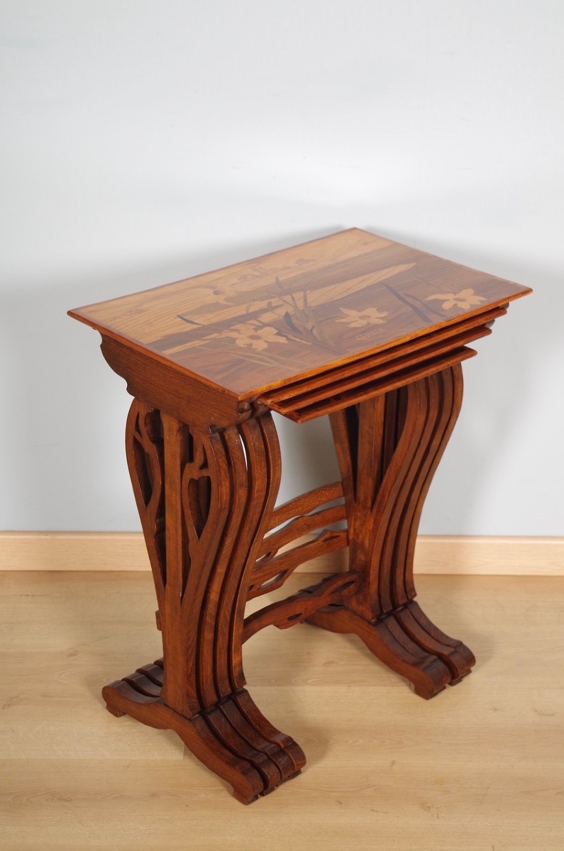 Set Of Four Art Nouveau Nesting Tables With Inlay Work, Signed Gallé, Circa 1900-photo-5