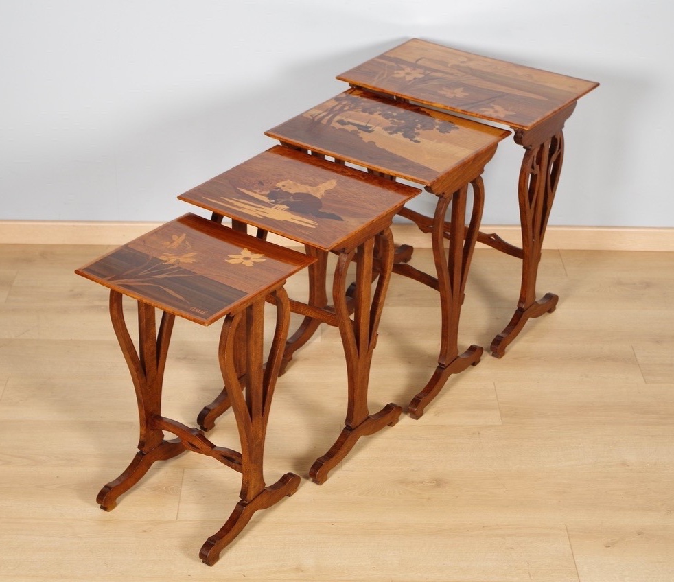 Set Of Four Art Nouveau Nesting Tables With Inlay Work, Signed Gallé, Circa 1900