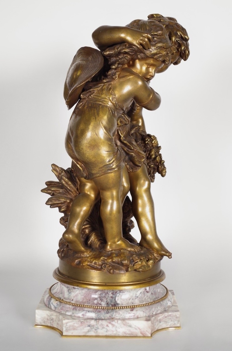 Children Throwing A Bouquet, A Bronze Sculpture With A Golden-brown Patina, Signed By Auguste Moreau-photo-6