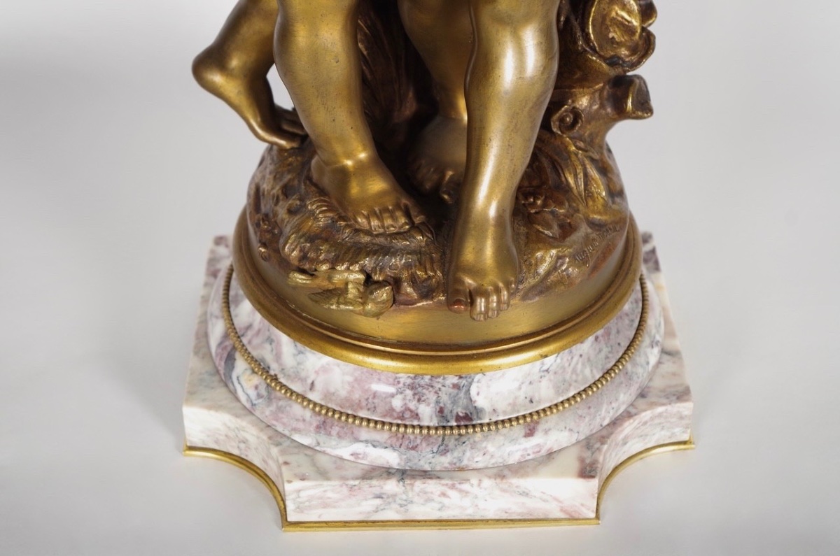 Children Throwing A Bouquet, A Bronze Sculpture With A Golden-brown Patina, Signed By Auguste Moreau-photo-7