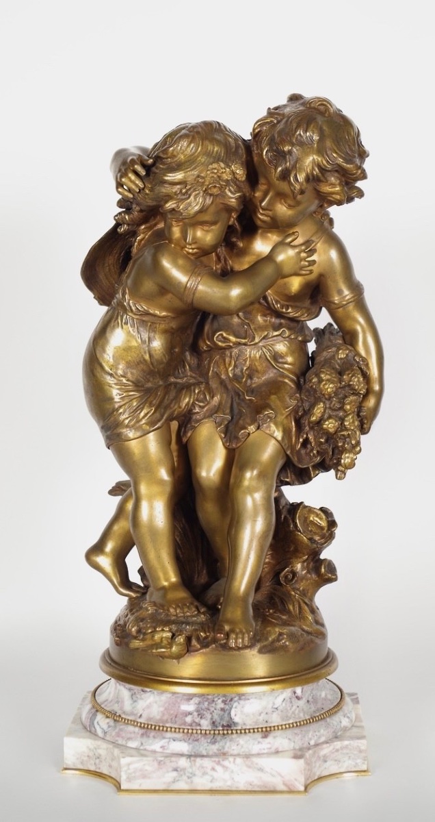 Children Throwing A Bouquet, A Bronze Sculpture With A Golden-brown Patina, Signed By Auguste Moreau