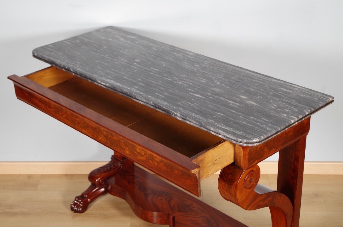 Restoration Console Table In Mahogany And Burl Mahogany Veneer, Circa 1815-photo-2